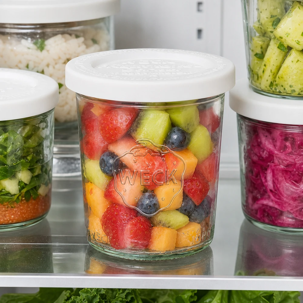 160 ml krukke med friskhedslåg WECK RR60 WECK 160 ml RR60-bægre med farverig frugtsalat i køleskabet - Meal prep-beholder til frisk frugt