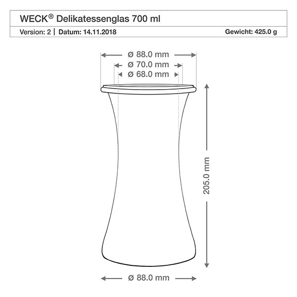 Sæt med 12 Weck-krukker 700 ml delikatessekrukke med glaslåg WECK delikatesseglas 700ml RR80 teknisk tegning med mål 88mm diameter 205mm højde Produktspecifikation