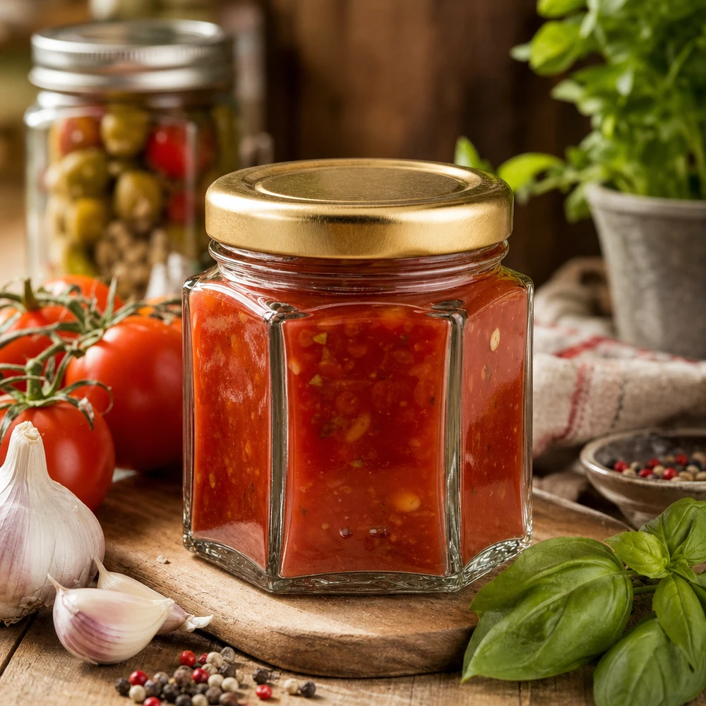 60 g honningglas med gyldent låg BasicSeal UNiTWIST 60 g sekskantet honningglas fyldt med tomatsyltetøj omgivet af friske tomater, hvidløg og basilikum