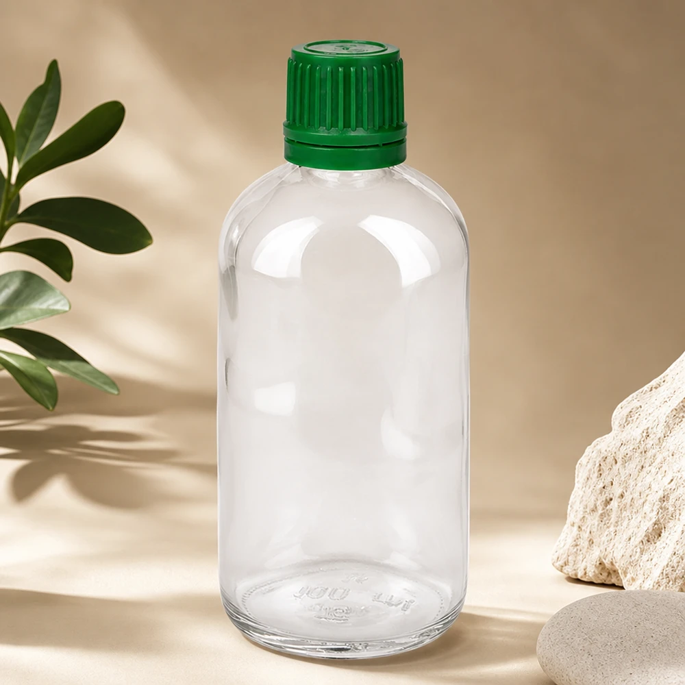 100 ml flaske 11 mm SV grøn OV ClearLine UT18/100 Gennemsigtig 100 ml apotekerflaske fra ClearLine med børnesikret grøn prop, 11 mm SV OV