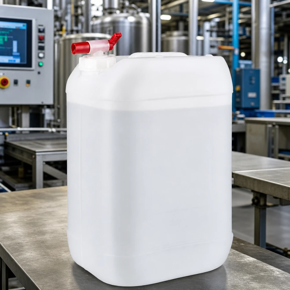 Beholder 25 liter med aftapningshane Rektangulær 25-liters dunk med tappehane i et industrielt produktionsanlæg