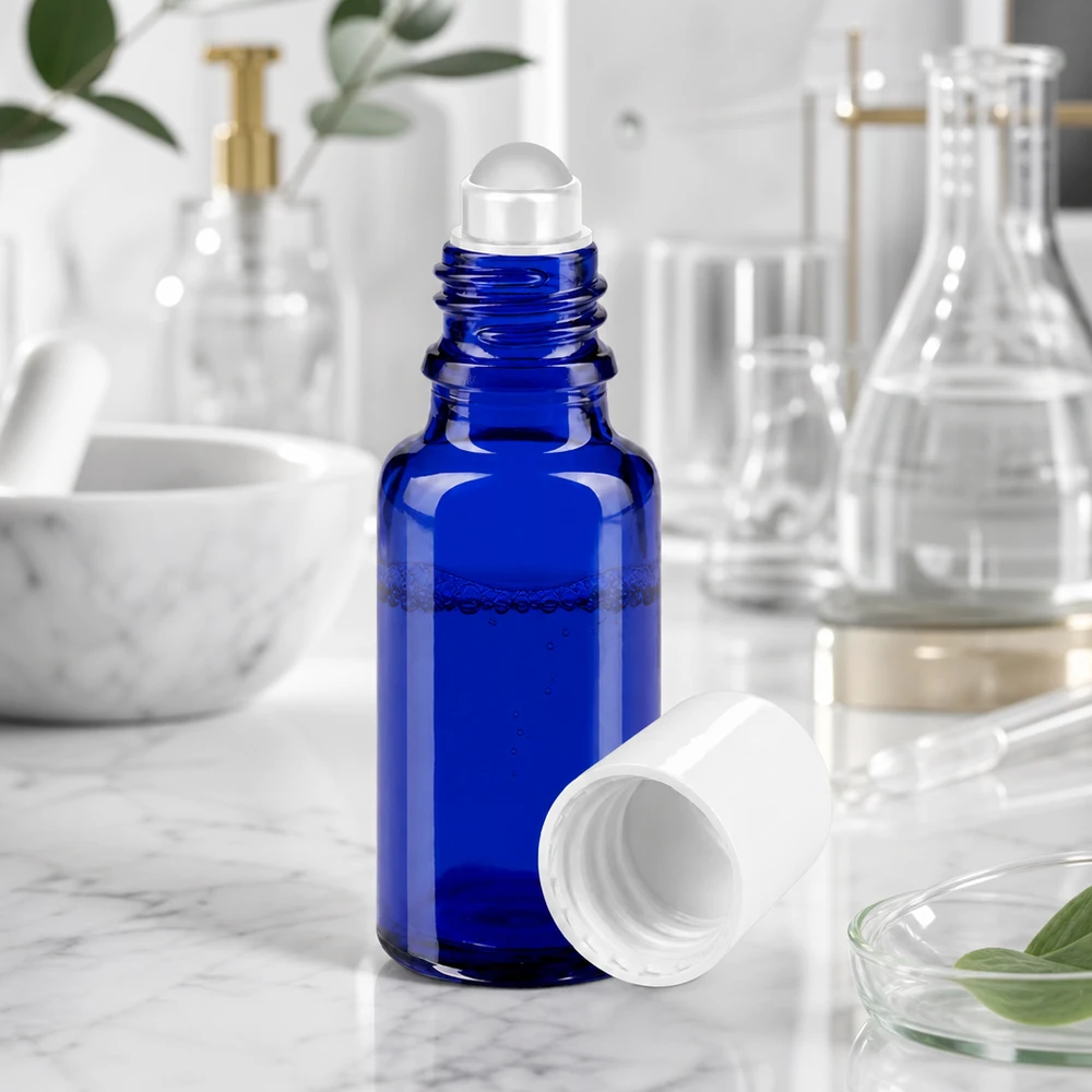 Apoteksflaske blå 20 ml roll-on-hætte hvid Åben 20 ml roll-on-flaske af blåt apotekerglas med gennemsigtig rullekugle på marmor