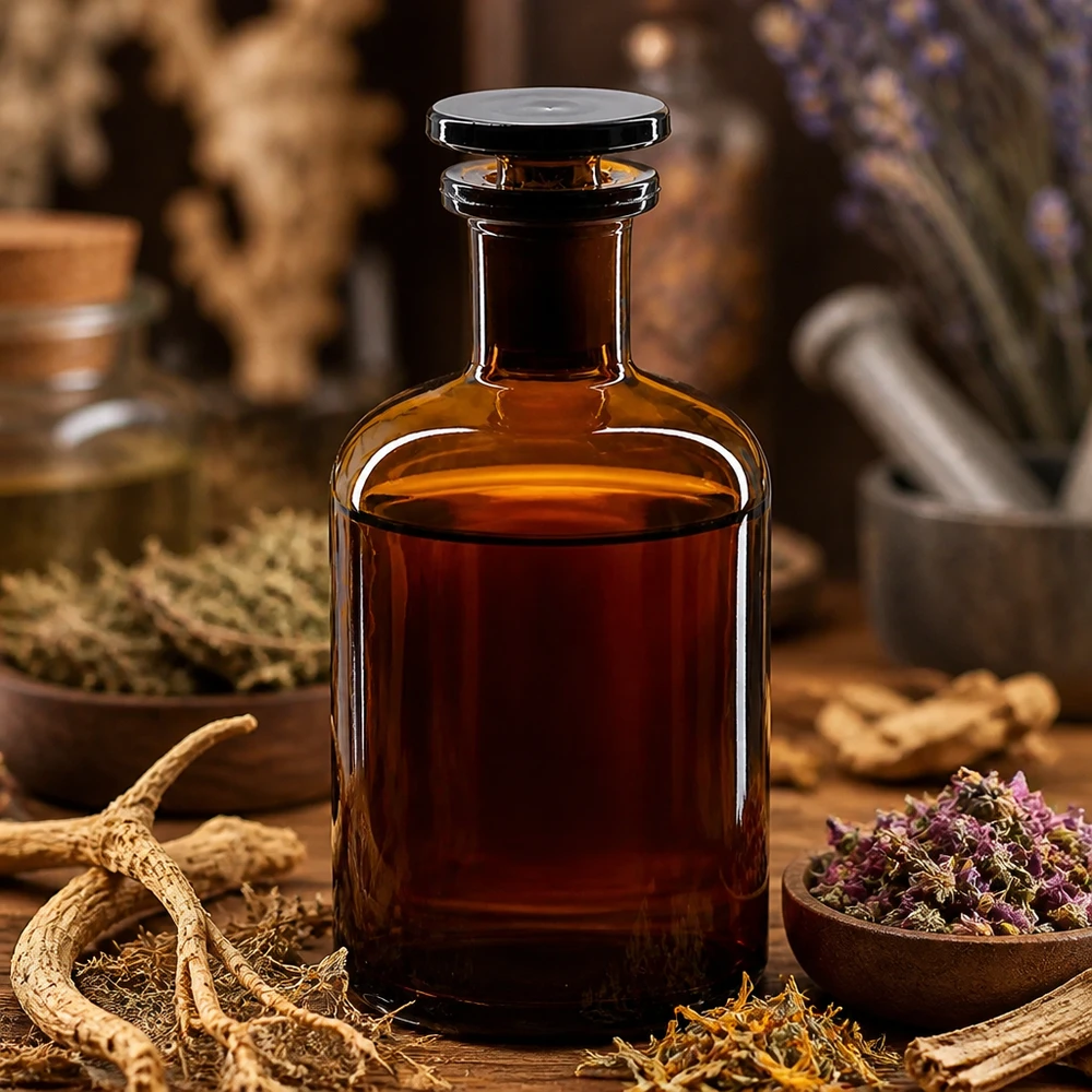 Rund skulderflaske 100 ml brun glasprop med smal hals Rundskulderflaske, 100 ml, brun, med glasprop, omgivet af tørrede lægeurter og rødder