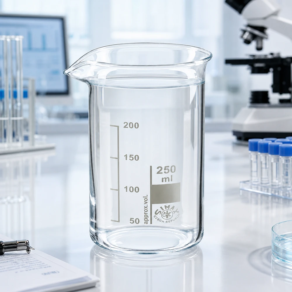 Bæger 250 ml borosilikatglas, høj form Gennemsigtigt laboratoriebæger, 250 ml, høj model, SIMAX borosilikatglas med hvid skala