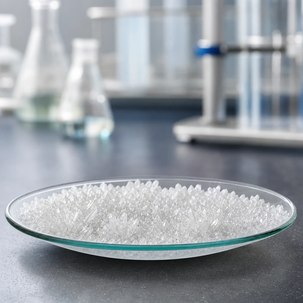 Urglasskål Ø 60 mm Rund glasskål 60 mm fyldt med hvide krystaller i et professionelt laboratoriemiljø