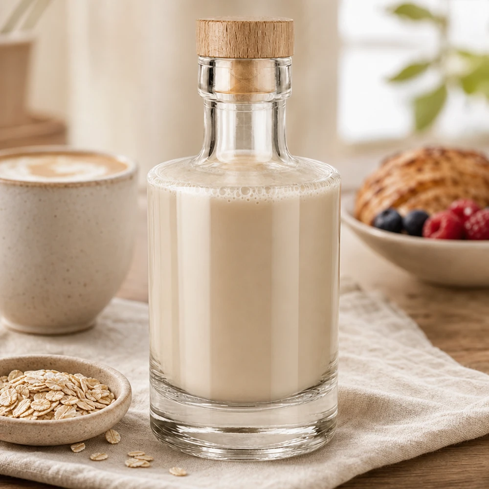 200 ml glasflaske Marie med træhåndtagskork UNiTWIST® 200ml Glasflasche Marie mit cremiger Hafermilch befüllt, Holzkorken, gemütliches Frühstücks-Ambiente mit Haferflocken un