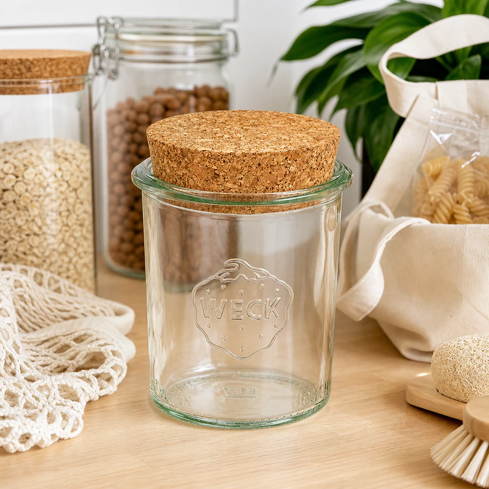 160 ml Briller WECK RR60 med kork natur WECK opbevaringskrukke 160 ml RR60 med korklåg i bæredygtigt nul-affaldskøkken mellem opbevaringskrukker og naturlige tekstiler