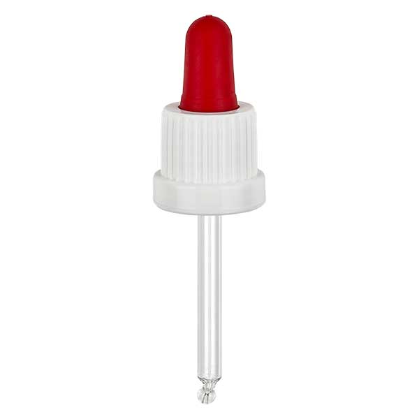 Pipettehætte hvid/rød DIN18, 53,5 mm pipettelængde med tamper-evident ring. Alkoholtæt. Til ApoGlas® 10 ml brun, blå, grøn (+++); klar (++) med 18 mm gevind. Pipettehætte hvid/rød DIN18, 53,5 mm pipettelængde med tamper-evident ring. Alkoholtæt. Til ApoGlas® 10 ml brun, blå, grøn (+++); klar (++) med 18 mm gevind.