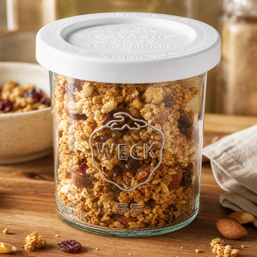 140 ml krukke med friskhedslåg WECK RR60 WECK 140 ml RR60 opbevaringsglas fyldt med müsli og nødder - alsidigt opbevaringsglas til tørre fødevarer