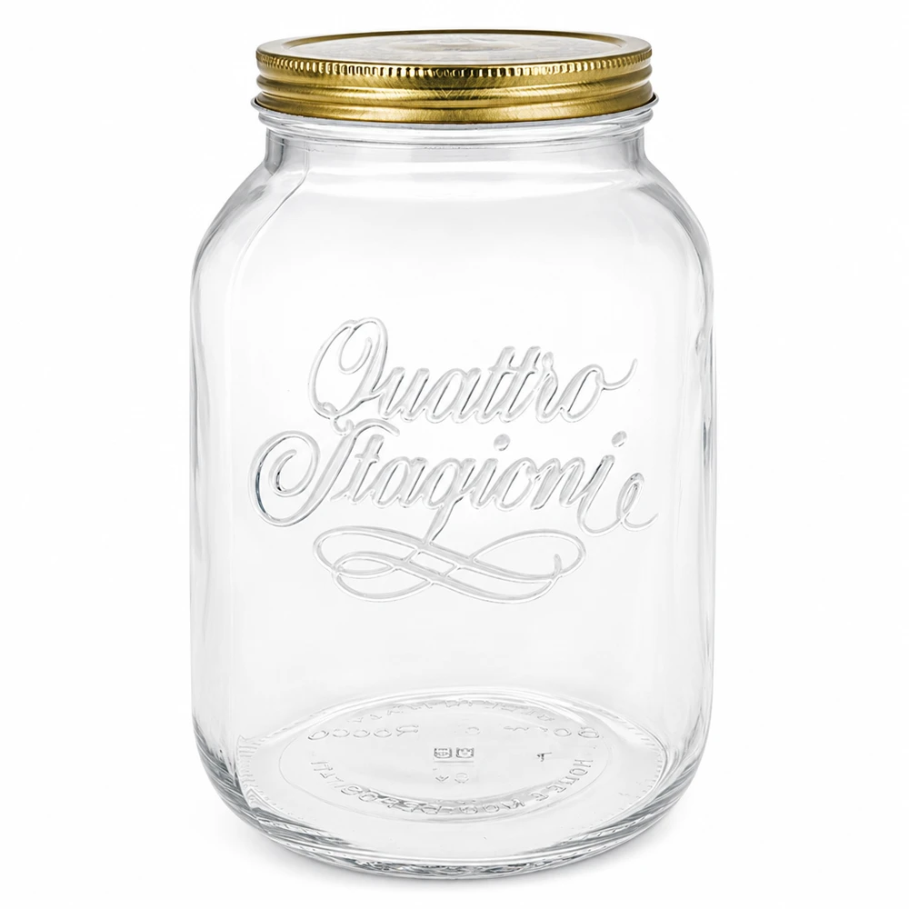 3000 ml rundt glas "Quattro Stagioni" med låg Tom 3000 ml Quattro Stagioni rund krukke med guldskruelåg og præget logo på hvid baggrund