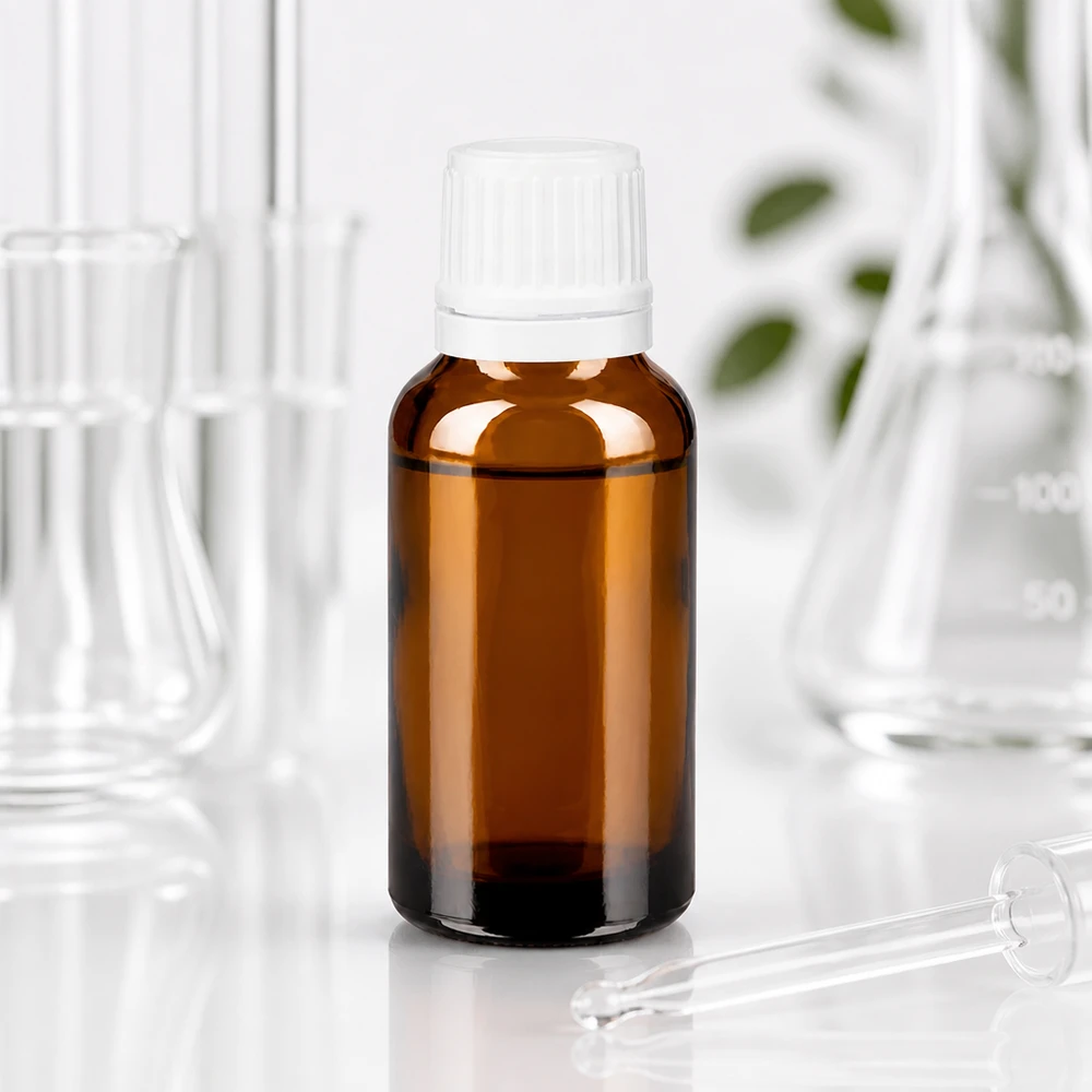 Brun glasdråbeflaske på 20 ml med hvid skruelåg blandt laboratorieglasudstyr