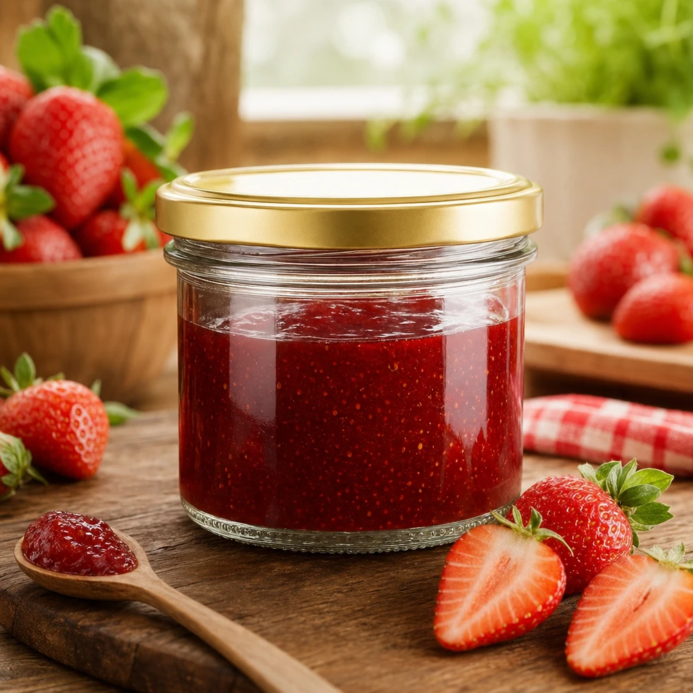 125 ml Briller med BasicSeal-låg guld UNiTWIST 125ml Sturzglas mit goldenem BasicSeal Deckel gefüllt mit Erdbeermarmelade auf Holzbrett mit frischen Erdbeeren