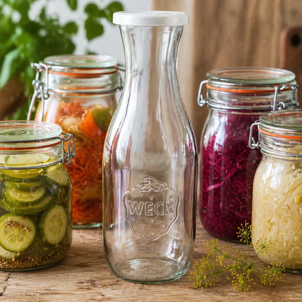 1062 ml saftflaske med friskhedslåg WECK RR60 WECK Saftflasche 1062ml mit Frischedeckel als stilvolle Dekoration zwischen bunten Einmachgläsern mit eingelegtem Gemüse