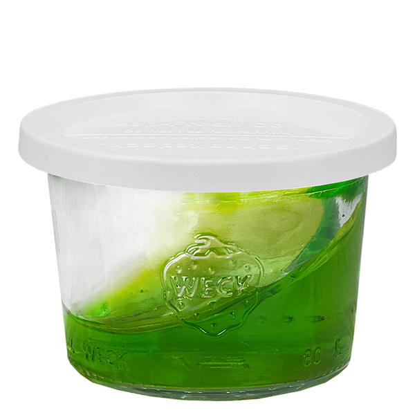 Sæt med 12 Weck-krukker 80 ml Briller med 12 plastlåg Sæt med 12 Weck-krukker 80 ml Briller med 12 plastlåg