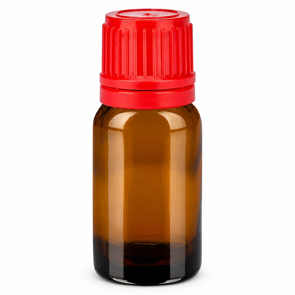 10 ml flaske 11 mm SV rød OV BrownLine UT18/10 10 ml ravfarvet glasflaske med rødt skruelåg til æteriske olier og medicin