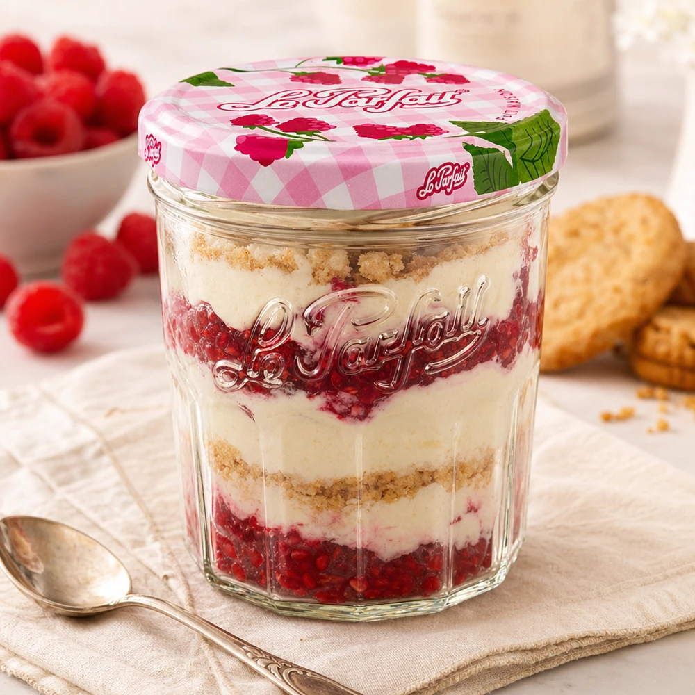 Le Parfait® Jam 324 ml Ø82 mm syltetøjsglas 324 ml Le Parfait-bægre med hindbær- og mascarponedessert og dekorativt skruelåg ved siden af ske og kiks