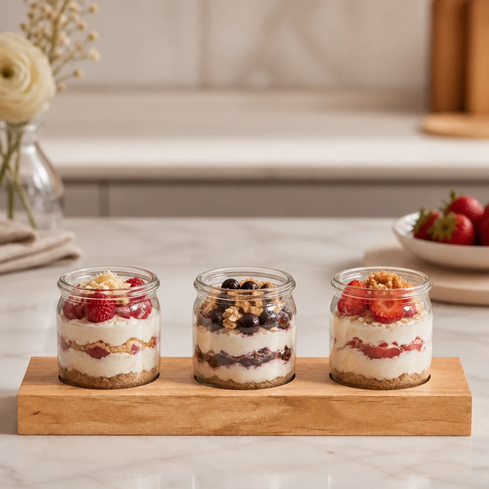 Serveringsbræt Plano3 til 3 WECK-glas Plano3 serveringsbræt med tre WECK-bægre fyldt med yoghurtdesserter og bær på et køkkenbord af marmor