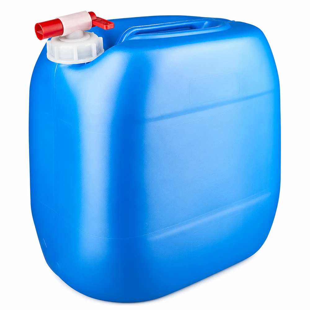 Blå plastdunk på 30 liter med rødt udløbshan og hvidt skruelåg