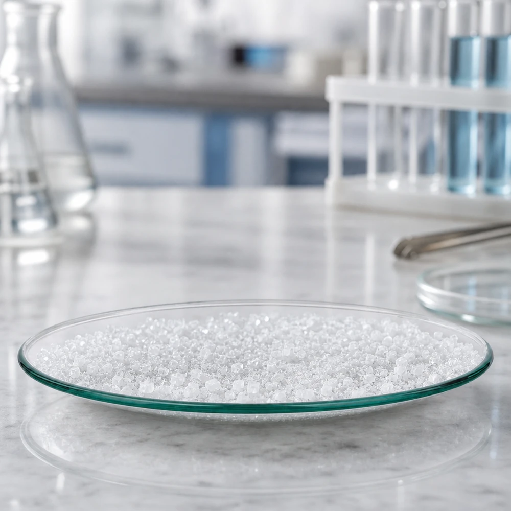 Urglasskål Ø 80 mm Rund glasskål 80 mm med hvidt pulver i moderne laboratorium til kemiske eksperimenter