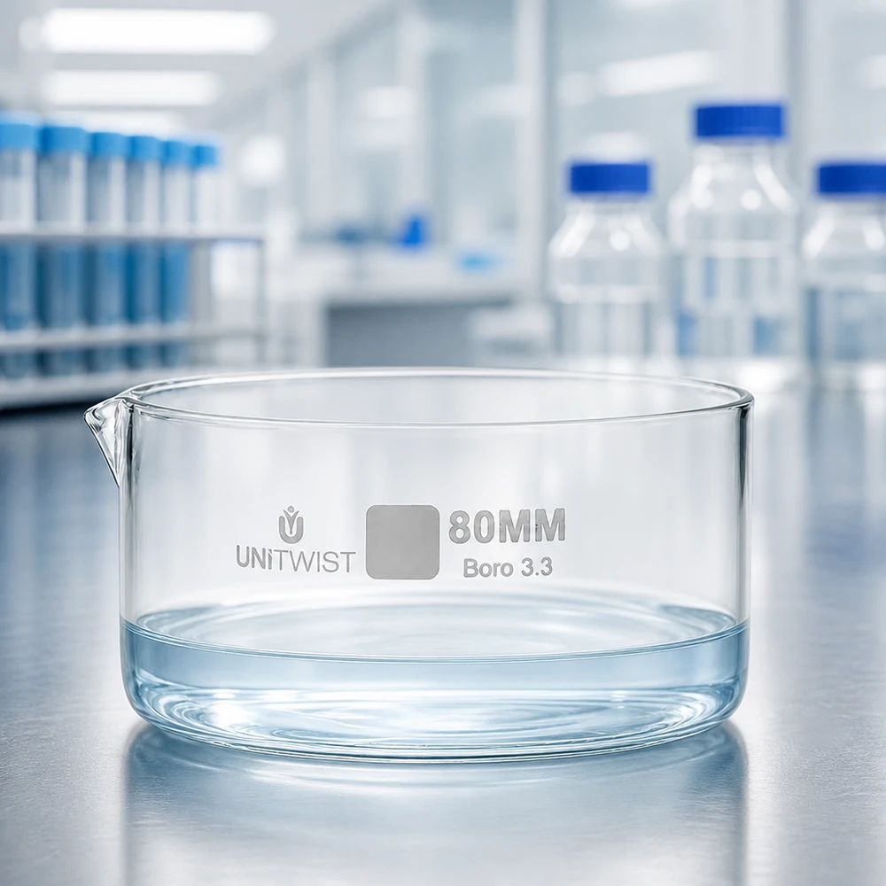 Krystalliseringsskål ø80mm borosilikatglas UNiTWIST Krystalliseringsskål, 80 mm, borosilikatglas 3.3 UNiTWIST med vand på en rustfri stålflade i laboratoriet