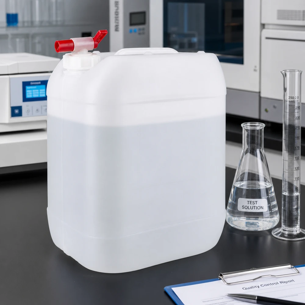 Beholder 20 liter med aftapningshane Tom, hvid 20-liters dunk med rødt udløbshan på en sort laboratoriebordplade