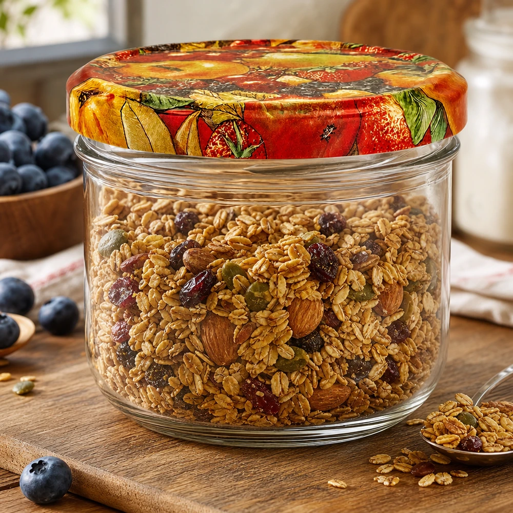 260 ml Briller + BasicSeal låg frugtdekoration UNiTWIST 260 ml syltetøjsglas med frugtlåg fyldt med müsli og nødder som opbevaringsbeholder i køkkenet