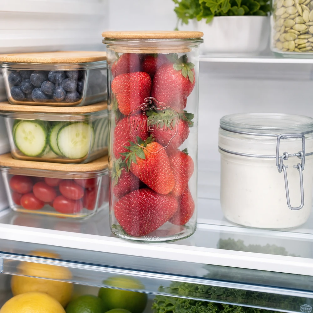 1500 ml Briller WECK RR100 med trælåg WECK Sturzglas 1500ml RR100 mit Holzdeckel im Kühlschrank gefüllt mit frischen Erdbeeren für Frischhaltung