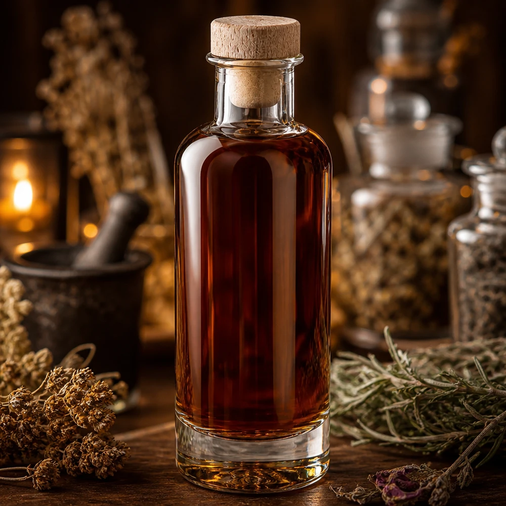 200 ml glasflaske »Ella« med træhåndtag og prop UNiTWIST® 200ml Glasflasche Ella mit Holzkorken gefüllt mit braunem Elixier in rustikaler Alchemisten-Atmosphäre mit Kräutern