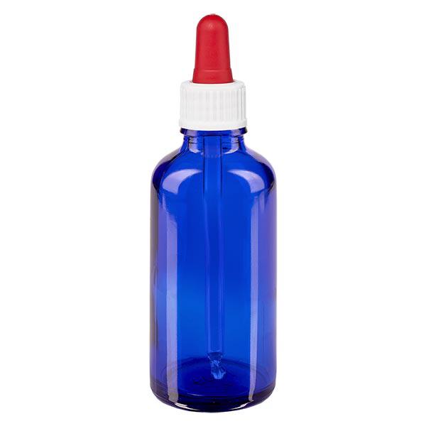 Apoteksflaske blå 50 ml pipette hvid/rød stk. Apoteksflaske blå 50 ml pipette hvid/rød stk.