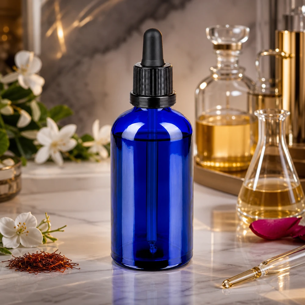 Elegant blå 100 ml pipetteflaske af robust glas med ergonomisk sort dråbehætte