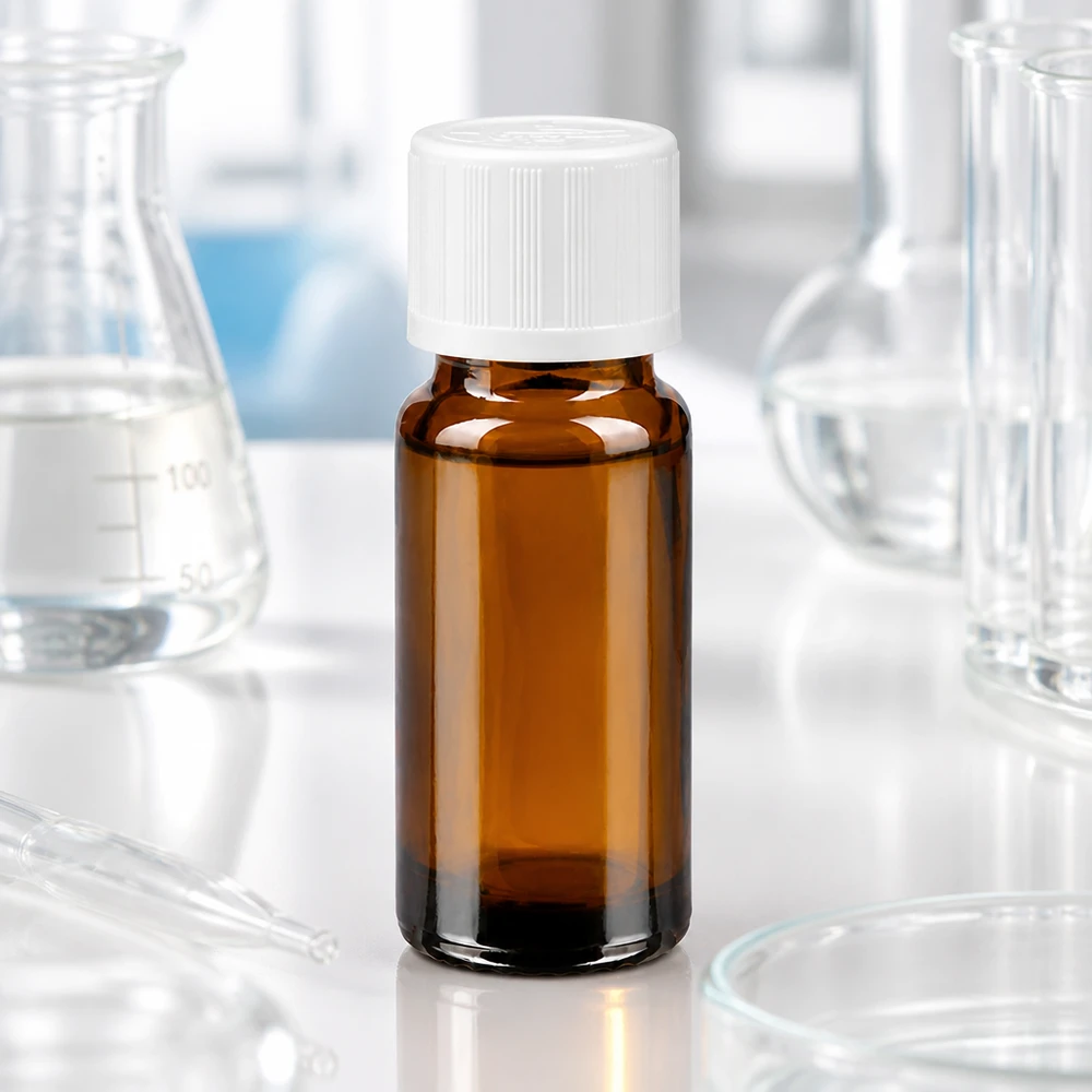 Apoteksflaske brun 10ml skruelåg hvid KiSi St Ravfarvet 10 ml glasflaske med hvid sikkerhedslås i laboratoriemiljøet