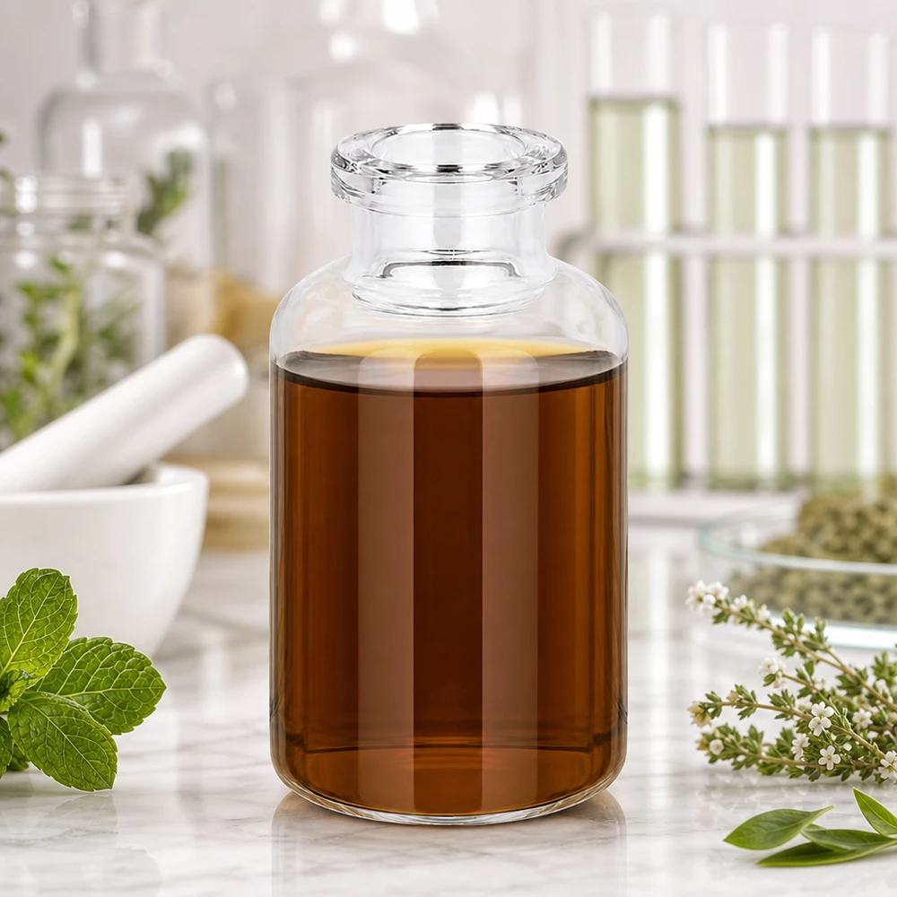 Injektionsflaske i klart glas 20 ml Injektionsflasche 20ml Klarglas mit dunkelbraunem Pflanzenextrakt und Minze Thymian Dekoration