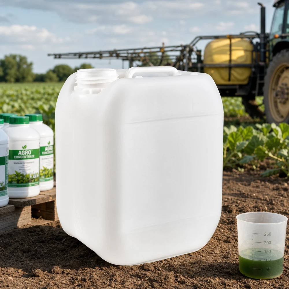 5-liters dunke uden låg til landbrugsbrug sammen med flasker med Agro-koncentrat