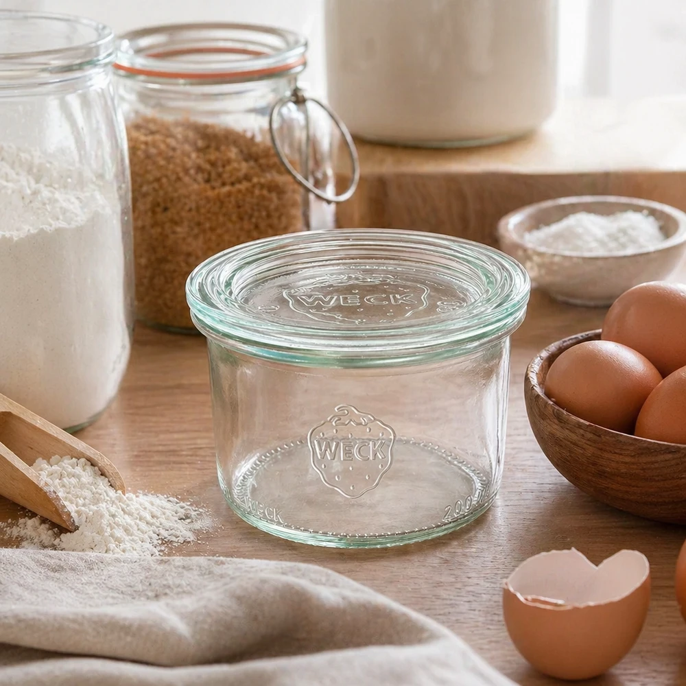 200 ml Briller med glaslåg WECK RR80 WECK 200 ml RR80 murerbalje med glaslåg i et rustikt køkken mellem bageingredienser, mel, æg og opbevaringskrukker
