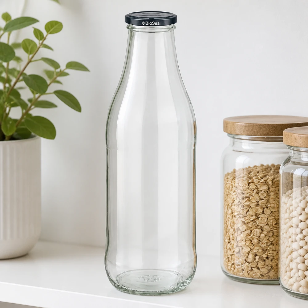 1000 ml glasflaske + BioSeal-låg sort UNiTWIST. Absolut lækagesikker med stort TO48-låg. Til mælk, juice og limonade. 1000 ml glasflaske BioSeal-låg sort køkkenhylde havregryn hvide bønner opbevaringskrukker trælåg plante