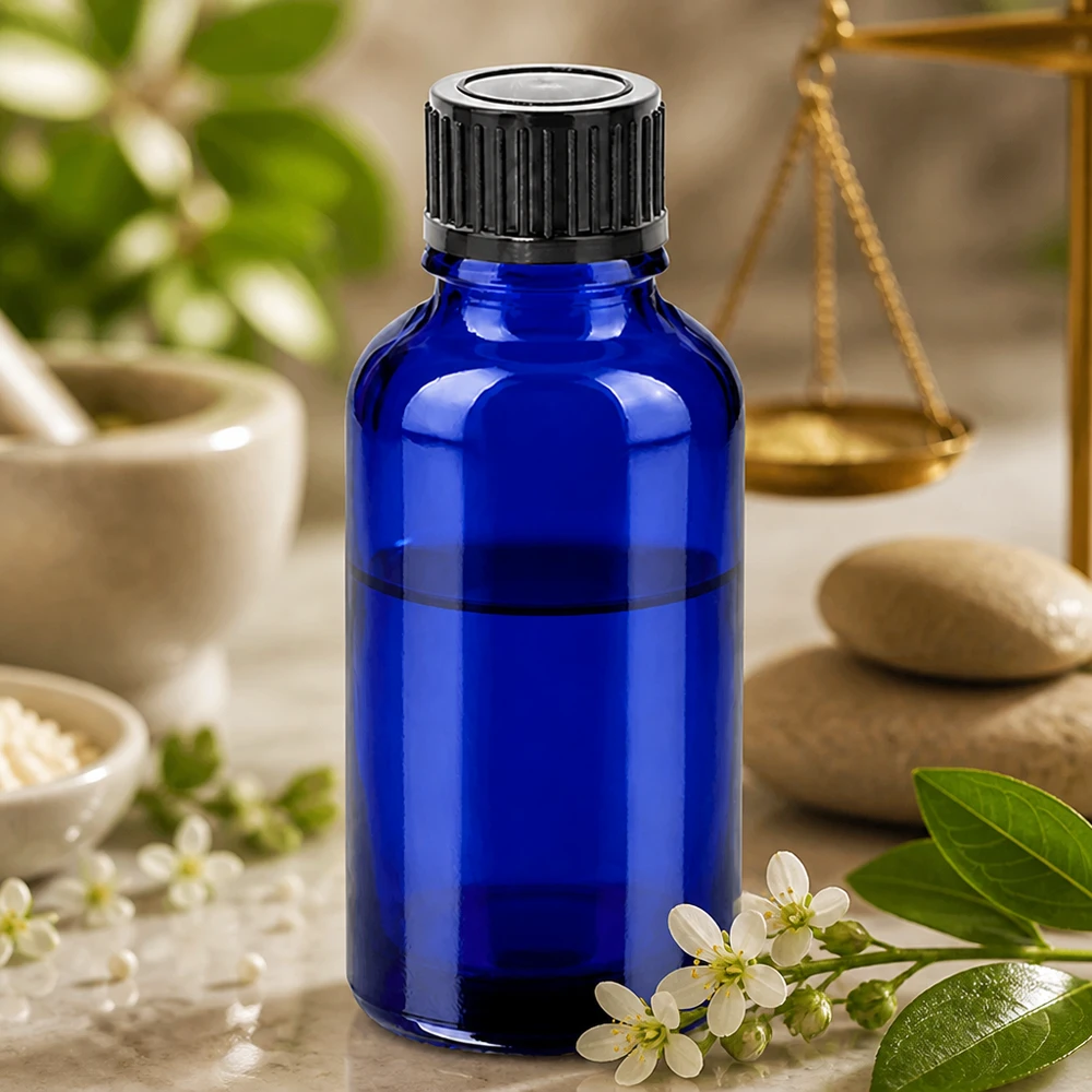 30 ml blå glasflaske med sort hætte, ideel til DIY-kosmetik og naturmedicin