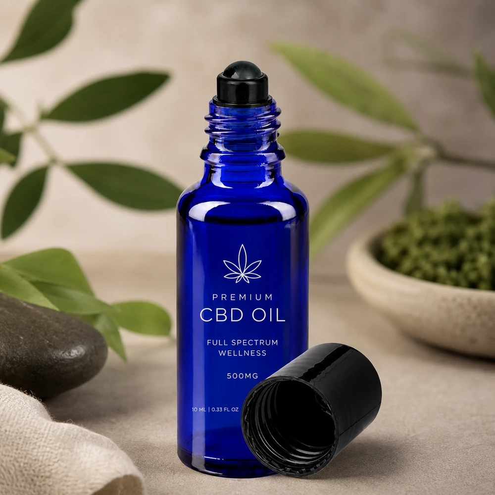 Koboltblå 10 ml roll-on-flaske af apotekerglas med sort rullekugle til CBD-olie