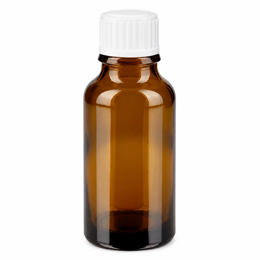 Apoteksflaske brun 20ml dråbetæller hvid 0,8mm stk. 20 ml brun dråbeflaske af apotekerglas med hvid børnesikret låg