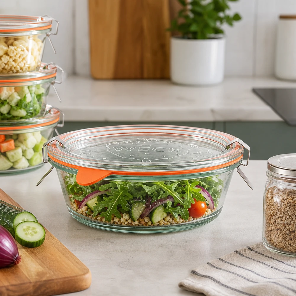 WECK gourmetkrukke 300ml RR120 fyldt med frisk salat på køkkenbordet, glasbeholder til måltidstilberedning