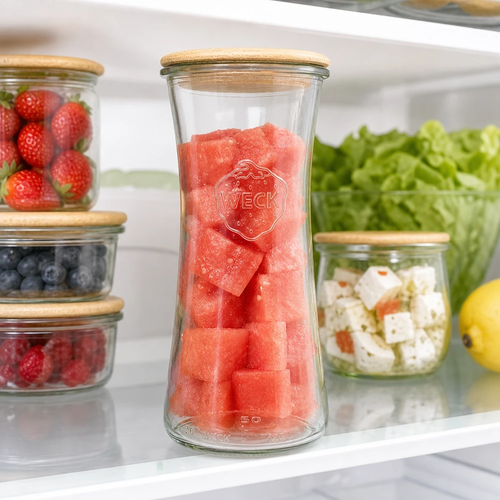 700 ml delikatesseglas WECK RR80 med trælåg WECK opbevaringsglas 700 ml RR80 fyldt med vandmelon i køleskabet mellem friske bær og salat