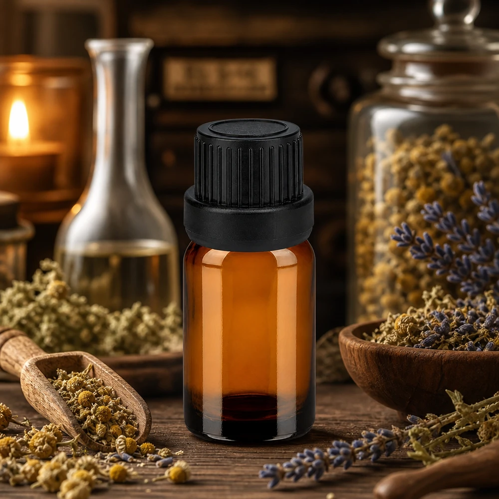 Ravfarvet glasflaske 5 ml af høj kvalitet med UV-beskyttelse og sort skruelåg til naturkosmetik
