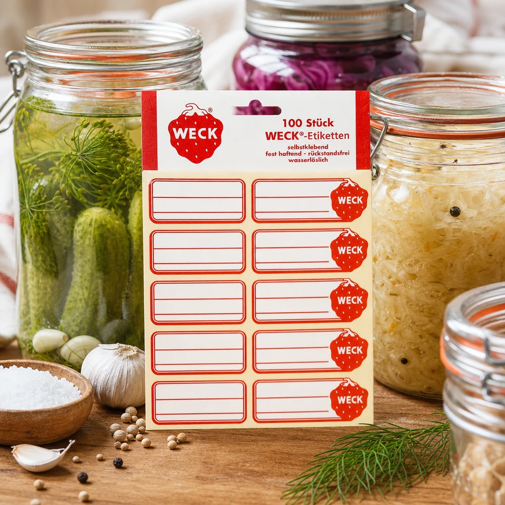 WECK-etiketter 19 x 13 mm (pakke(r) med 100 stk.) WECK labels 100 stk. pakke mellem syltede agurker sauerkrautkonserves med dild hvidløg krydderier køkken
