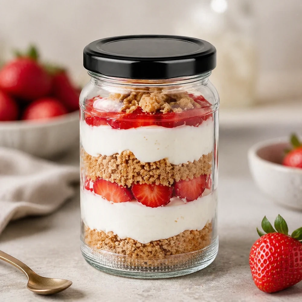 UNiTWIST Runda110 med sort. TO48 BasicSeal-låg UNiTWIST 110 ml rundt dessertglas med jordbær- og flødedessert i lag og sort TO48 BasicSeal-låg