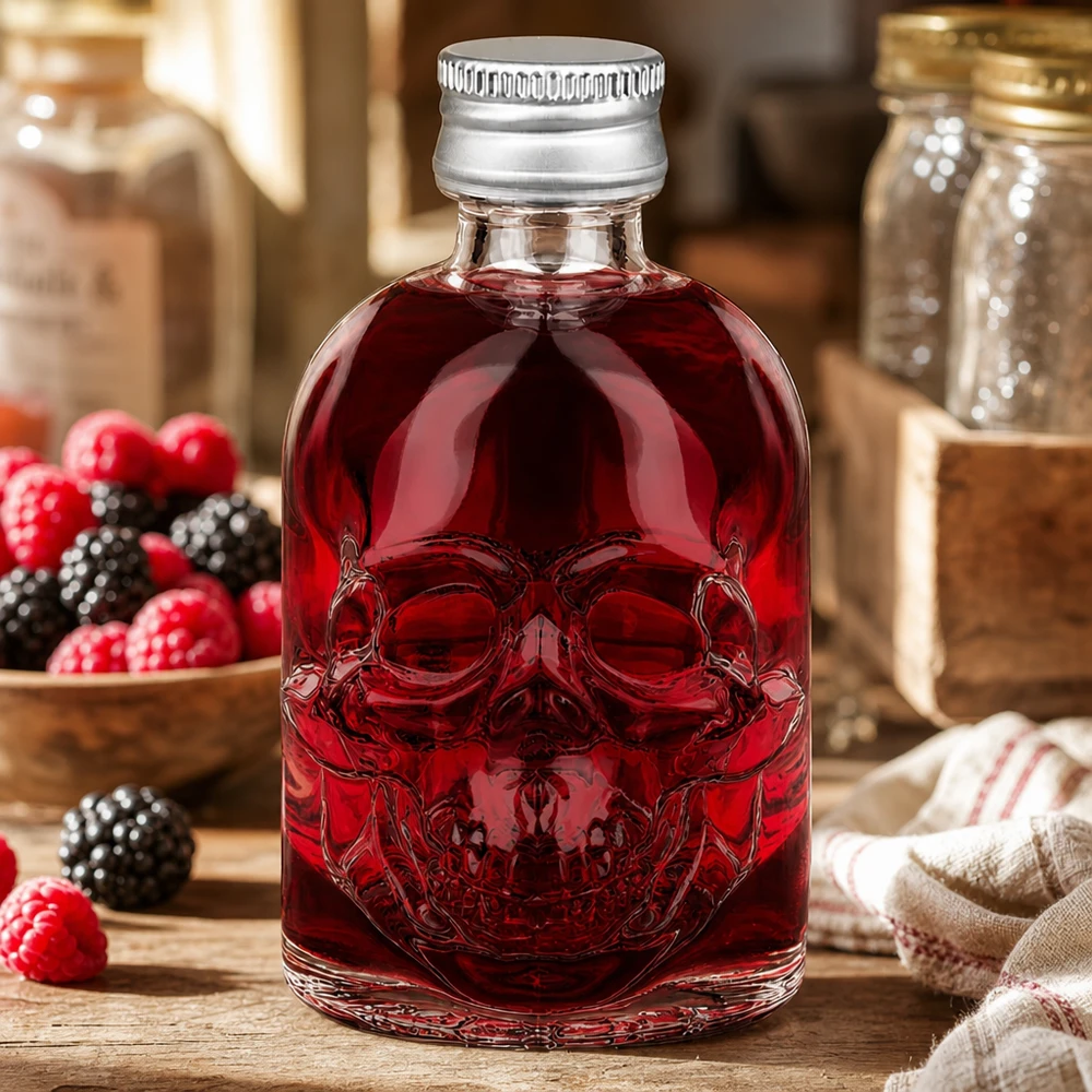 50 ml glasflaske »Hector« og skruelåg sølv UNiTWIST® 50 ml glasflaske Hector med fyld af rød bærlikør mellem hindbær og brombær i rustikt køkken