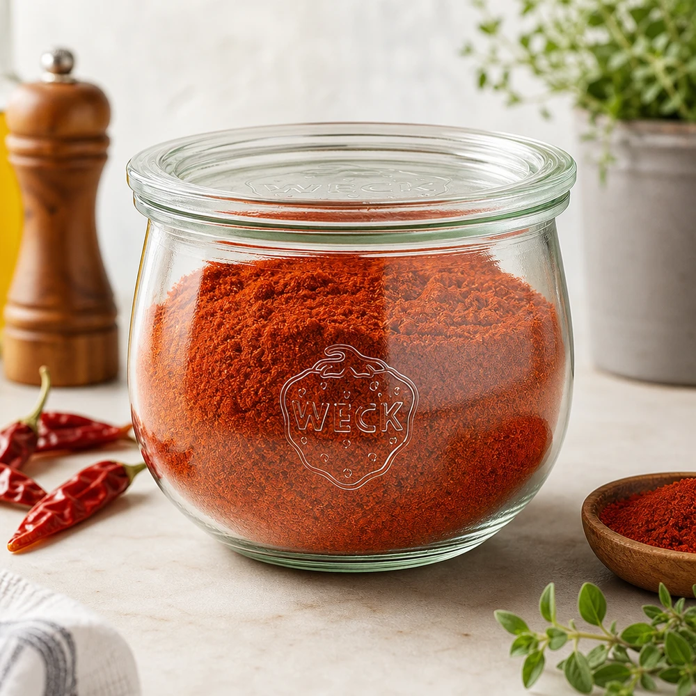 580 ml tulipankrukke med glaslåg WECK RR100 WECK Tulpenglas 580ml RR100 mit rotem Paprikapulver gefüllt als stilvolle Gewürz-Aufbewahrung in der Küche