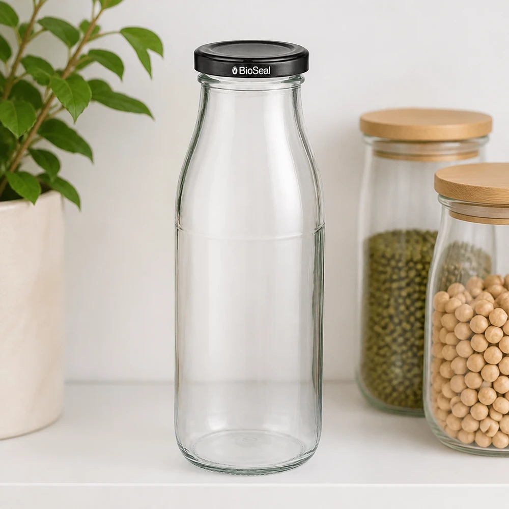 500 ml glasflaske + BioSeal-låg sort UNiTWIST. Absolut lækagesikker med stort TO48-låg. Til mælk, juice og limonade. 500 ml glasflaske med sort BioSeal-låg i køkkenmiljø ved siden af opbevaringskrukker med bælgfrugter og planter