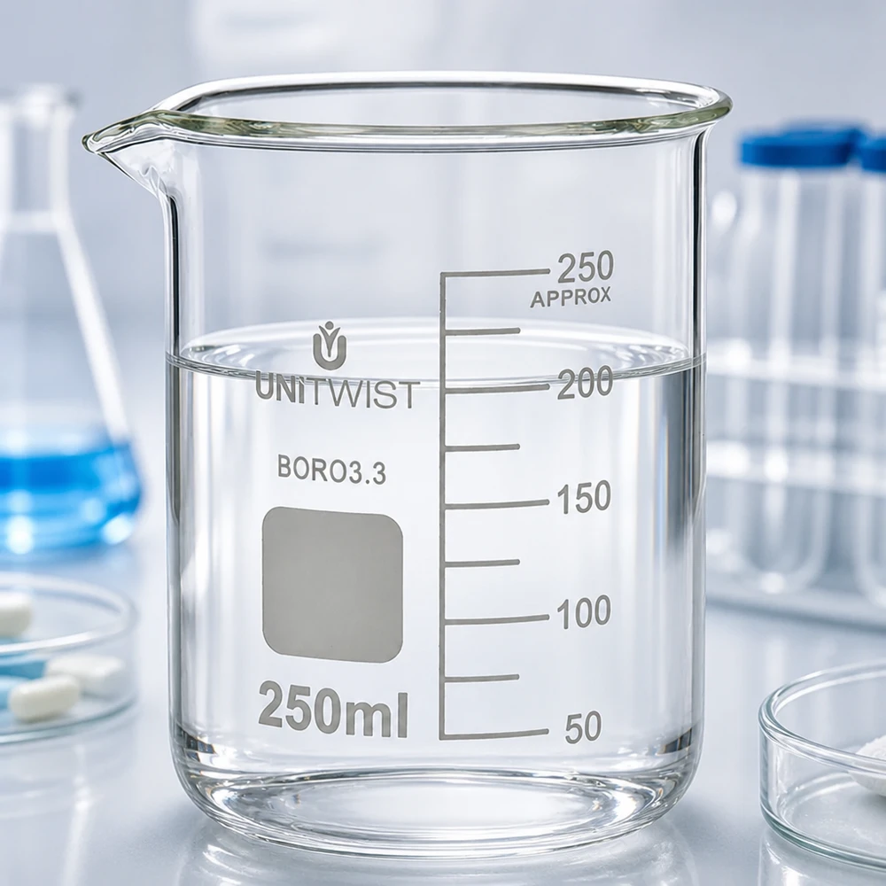 Bæger 250 ml borosilikat, lav form UNiTWIST 250 ml bægerglas, lavt, fyldt med klart vand op til 200 ml-mærket i laboratoriet