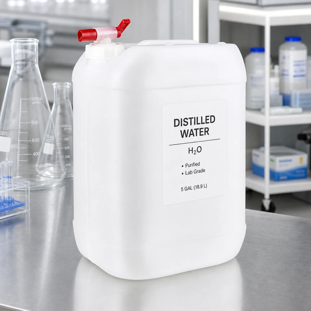 Beholder 25 liter med aftapningshane 25 liters dunkel med destilleret vand og taphane i laboratoriet på et bord af rustfrit stål