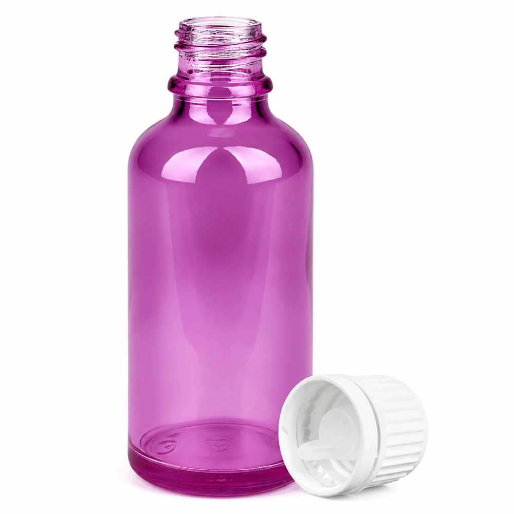 50 ml dråbeflaske 0,7 mm hvid Originality skruelåg PurpleLine UT18/50 Violet 50 ml glasflaske med 0,7 mm dråbespids og hvidt skruelåg til æteriske olier