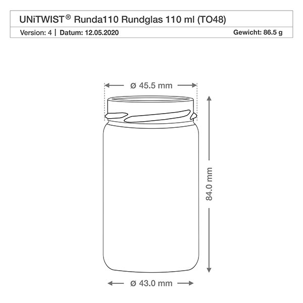 UNiTWIST Runda110 - Rund krukke med en kapacitet på 110 ml TO48 Teknisk tegning UNiTWIST Runda110 rundt glas 110 ml TO48 med målene 45,5 mm i diameter og 84 mm i højden
